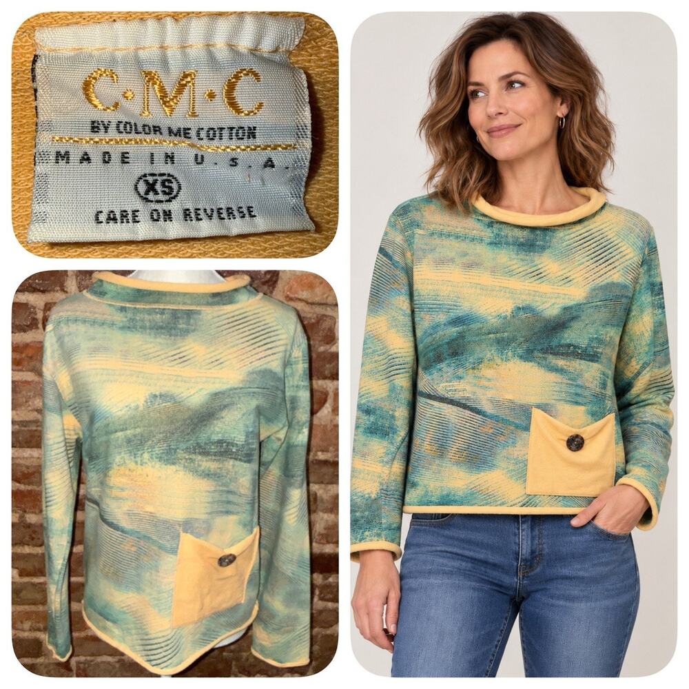 C.M.C Color Me Cotton Oversized S Roll Neck Hem Lagenlook Tunic USA MADE Pocket